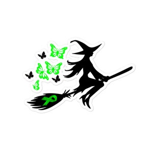 Green Ribbon Witch Halloween Bubble-free stickers, Lyme disease Stickers, Mitochondrial Disease Stickers, Awareness Stickers