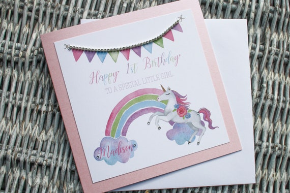 Personalised birthday card unicorn rainbow daughter sister granddaughter niece 