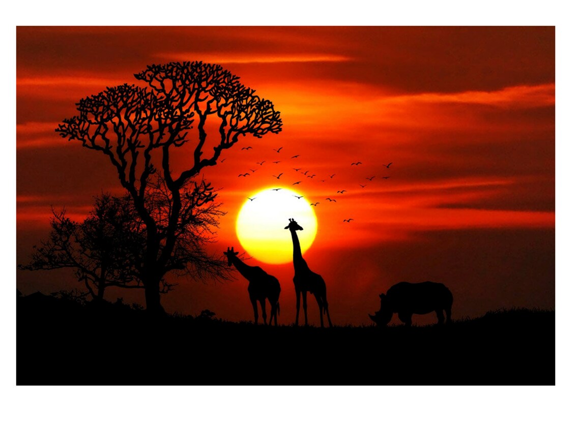 African Savanna Sunset canvas wall art Giraffes shadows at Etsy