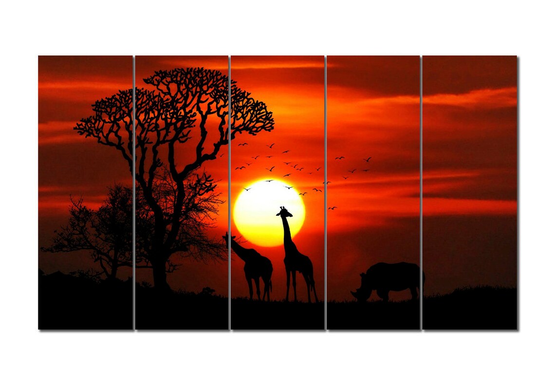 African Savanna Sunset canvas wall art Giraffes shadows at Etsy