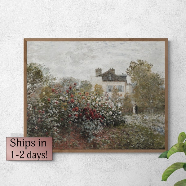 Vintage Oil Painting Monet Rose Garden Wall Art, Vintage Muted Garden Print, Cottage Art Print, Farmhouse Wall Decor