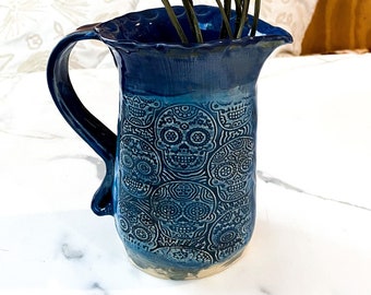 Hand-built Stoneware Vase or Pitcher with Day of the Dead Skull Texture Design