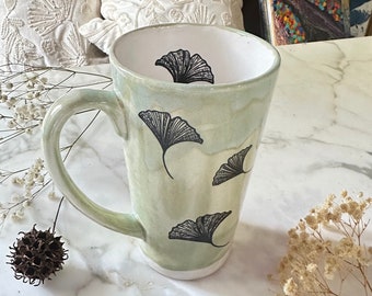 Stoneware Latte Mug with Ginkgo Leaves