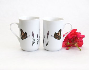 Butterflies and Lavender, set of 2 Hand Painted Porcelain Cups