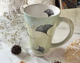 Stoneware Latte Mug with Ginkgo Leaves