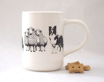 Stoneware Mug with Border Collie and Sheep