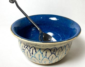 Handmade Blue Stoneware Bowl with Petal Design