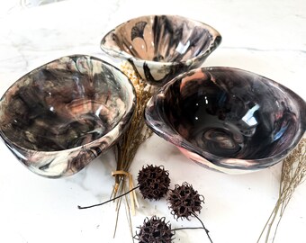 Set of 3 Marble Glazed Ginkgo Leaf Stoneware Bowls