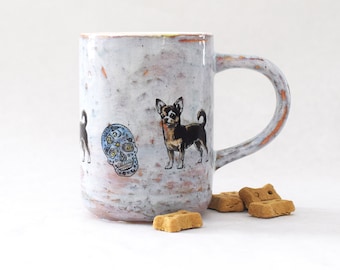 Stoneware Mug with Chihuahuas and Sugar Skulls
