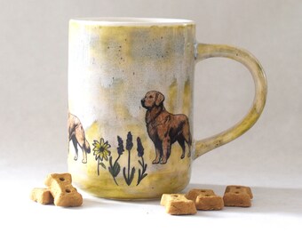 Stoneware Mug with Golden Retrievers and Lavender