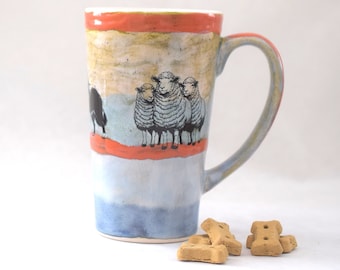 Border Collies with Sheep and Orange Stripe Stoneware Mug