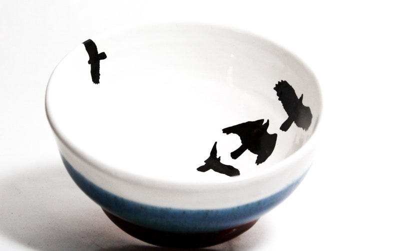 Hand Thrown and Hand Painted Ceramic Bowl with Modern Art birds in Flight Design