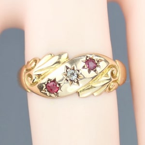 Victorian 15k Gold Diamond Ruby Floral Gypsy Ring: Scroll & Stars, 1900 - Size 7