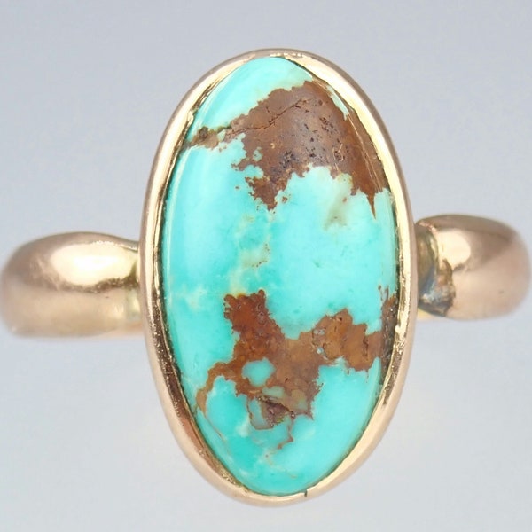 Stunning Antique Edwardian Solid 15k Rose Gold Turquoise Cabochon Ring 1912 Size 5, Women's Fine Vintage Estate Jewelry