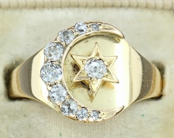 Antique Edwardian 18k Gold Diamond Star Moon Ring: Celestial jewelry - Size 7