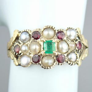 Antique Georgian 12k Gold Emerald Garnet Pearl Floral Ring: Boxed, c.1820 - Size 6.5