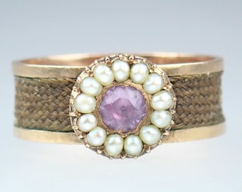 Victorian 9k Rose Gold Amethyst Pearl Mourning Ring with Hair - Size 8