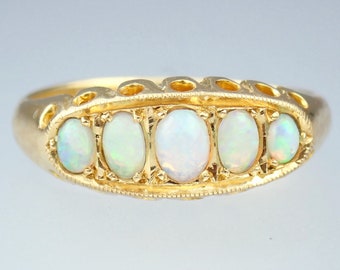 Glowing Antique Art Deco Solid 18k Gold Opal Cabochon 5-Stone Boat Ring 1920 Size 6, Women's Fine Vintage Jewelry