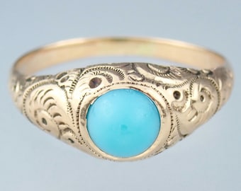 Anillo victoriano de pasta turquesa en oro rosa de 10 quilates: joyería floral tallada - Talla 7.5