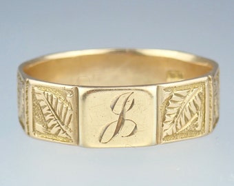 Antique 18k Gold Floral Carved Initial &#39;J&#39; Ring - Victorian Jewelry - Size 10.75