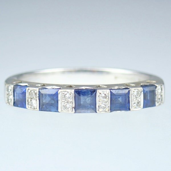 Glowing Vintage Estate Solid 18k White Gold Sapphire Diamond Half Eternity Hearts Ring Size 6 1/2, Women's Fine Jewelry