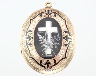 Antique Victorian 9k Gold Enamel Hair Mourning Locket: Memento Mori Pendant
