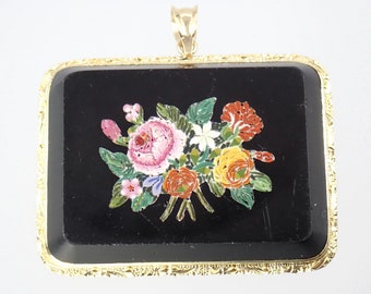 Antique 14k Gold Micro Mosaic Floral Pendant: Italian Grand Tour Jewelry