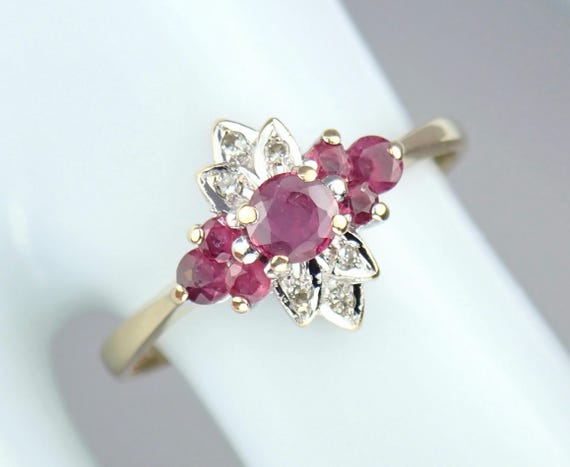 Vintage 9k Gold Ruby Diamond Floral Ring - London… - image 6