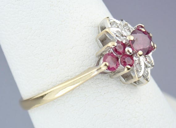 Vintage 9k Gold Ruby Diamond Floral Ring - London… - image 4