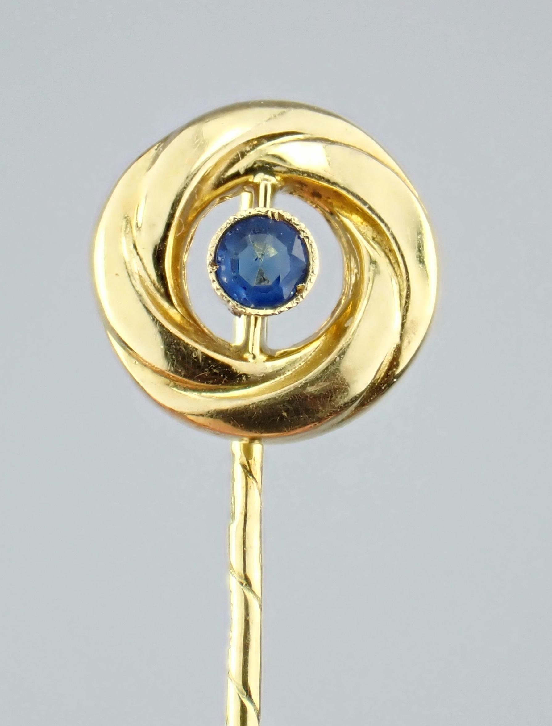 Lovely Antique Edwardian Solid 18k Gold Sapphire Blue Paste Love Knot Stick Pin, Women's Fine Vintage Estate Jewelry