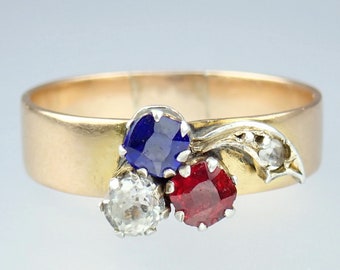 Anillo victoriano antiguo de oro rosa de 14 k con diseño floral en pasta: rojo, blanco y azul - Talla 8