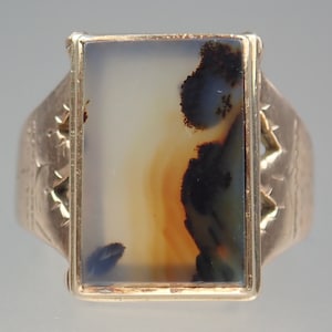 Amazing Antique Victorian Solid Rose Gold Moss Agate Castle Signet Ring 1880 Size 7 1/4, Women&#39;s Vintage Jewelry