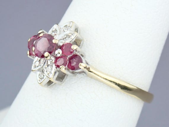 Vintage 9k Gold Ruby Diamond Floral Ring - London… - image 2