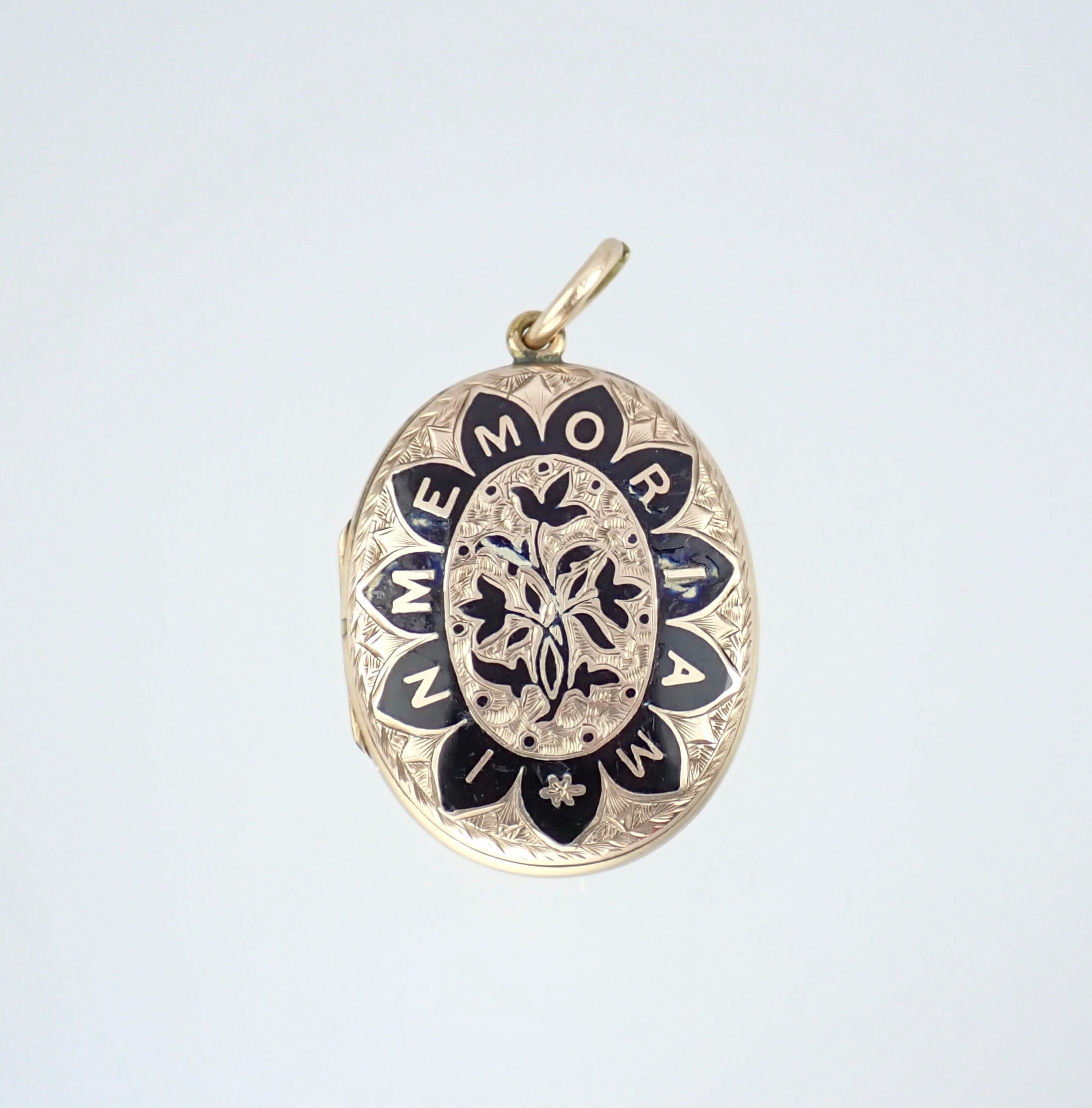 Antique Victorian 9k Gold Enamel Mourning Locket: Memento Mori Floral Pendant
