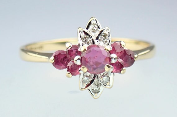 Vintage 9k Gold Ruby Diamond Floral Ring - London… - image 1