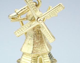 Vintage Dutch 18k Gold Windmill Charm Pendant: Mid Century, Revolving Design