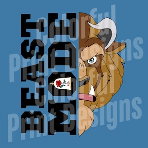 May include: A black and white graphic design with the text "Beast" in large letters. The design is split in half, with the left side featuring a black and white image of a rose and a bell, and the right side featuring a brown and white illustration of a beast's face.