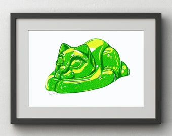 Lime green jelly retro cat limited edition reduction linocut print