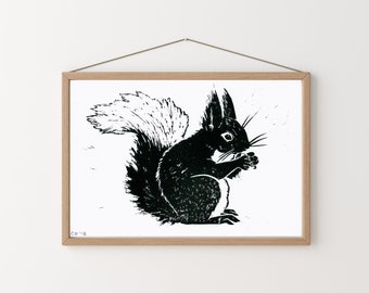 Squirrel linocut print