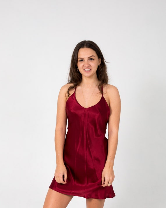 red silk slip dress