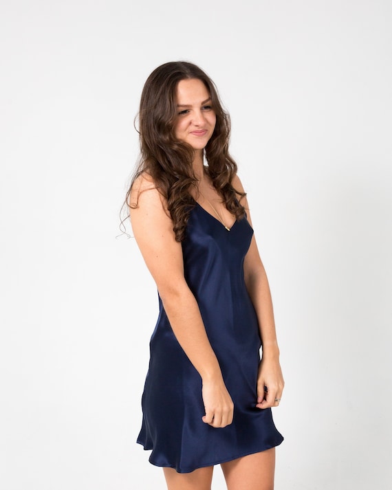 navy silk slip dress