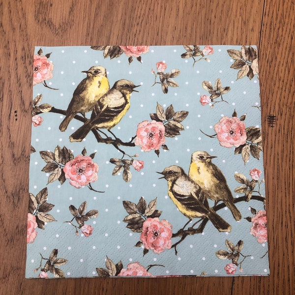 FOUR birds and flowers Napkins - for decoupage, collage , mixed media and so much more....