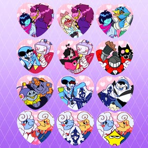 May include: A collection of heart-shaped stickers featuring cartoon characters in various pairings. Each sticker has a pink heart background with white polka dots. The characters are depicted in a colorful, animated style.