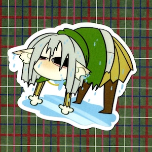 May include: A cartoon illustration of a character with long white hair, green clothing, and brown legs standing in a puddle of water. The character is depicted with a sad expression and is surrounded by raindrops.