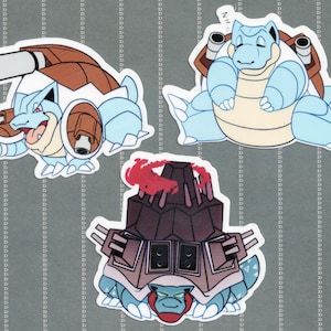May include: Three cartoon stickers of a blue and brown turtle-like Pokemon. The first sticker shows the Pokemon with a cannon on its back. The second sticker shows the Pokemon sleeping. The third sticker shows the Pokemon with a large, dark brown structure on its back.