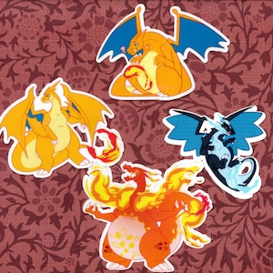 Charizard + Mega and Gmax Evolution 3inch Vinyl Stickers, Shiny Holographic Alt