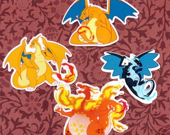 Charizard + Mega y Gmax Evolution pegatinas de vinilo de 3 pulgadas, alt holográfico brillante