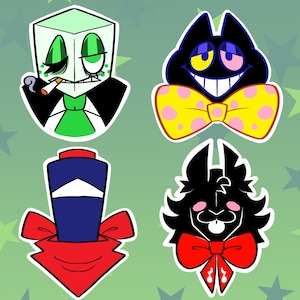 Puede incluir: Cuatro pegatinas de personajes de dibujos animados. Uno es un cubo verde con un cigarrillo, otro es un gato negro con una pajarita amarilla con lunares rosas. El tercero es un sombrero de copa azul y rojo con un lazo rojo. El último es un personaje negro con un lazo rojo.
