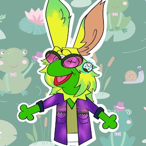 Puede incluir: Un personaje de dibujos animados caprichoso con una cara verde, orejas amarillas y marrones y un abrigo morado. El personaje lleva gafas de sol rosas y tiene un ojo pequeño y decorativo. El fondo presenta ranas, caracoles y nenúfares.