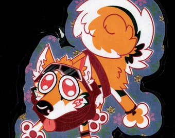 May include: A cartoon fox wearing goggles and a red bandana with a white and orange fluffy tail. The fox is on a blue background with a snowflake pattern.